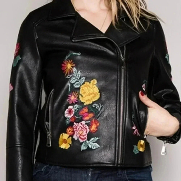 Jackets & Blazers - BLACK LEATHER JACKET EMBROIDERED JACKET VEGAN